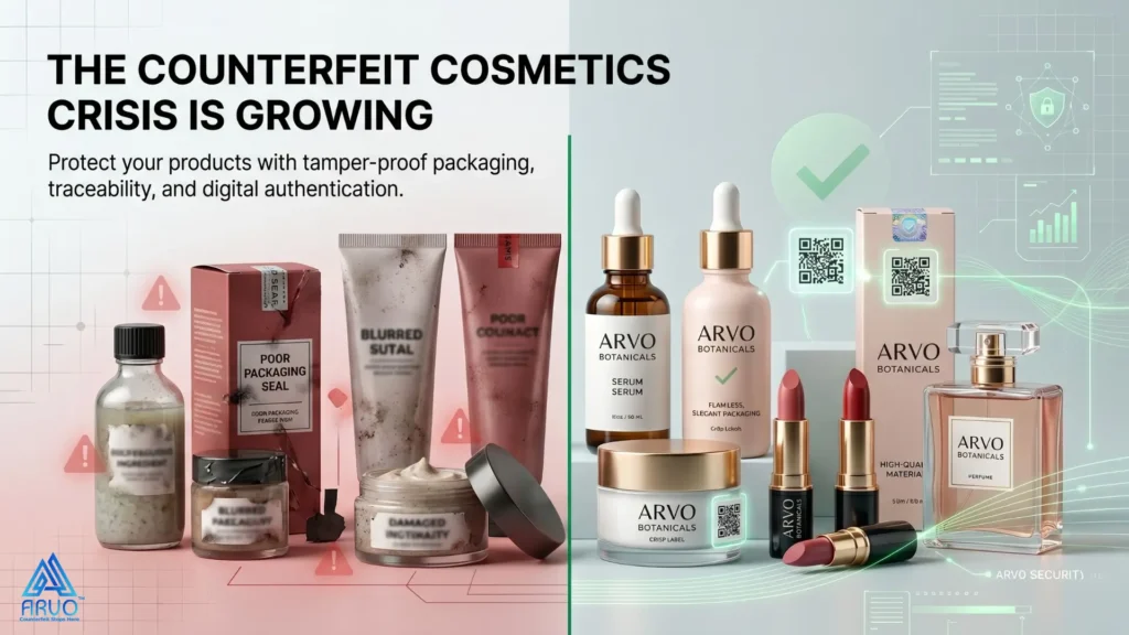 ARVO beauty product protection infographic with 7 strategies to stop $5.4 billion counterfeit cosmetics crisis