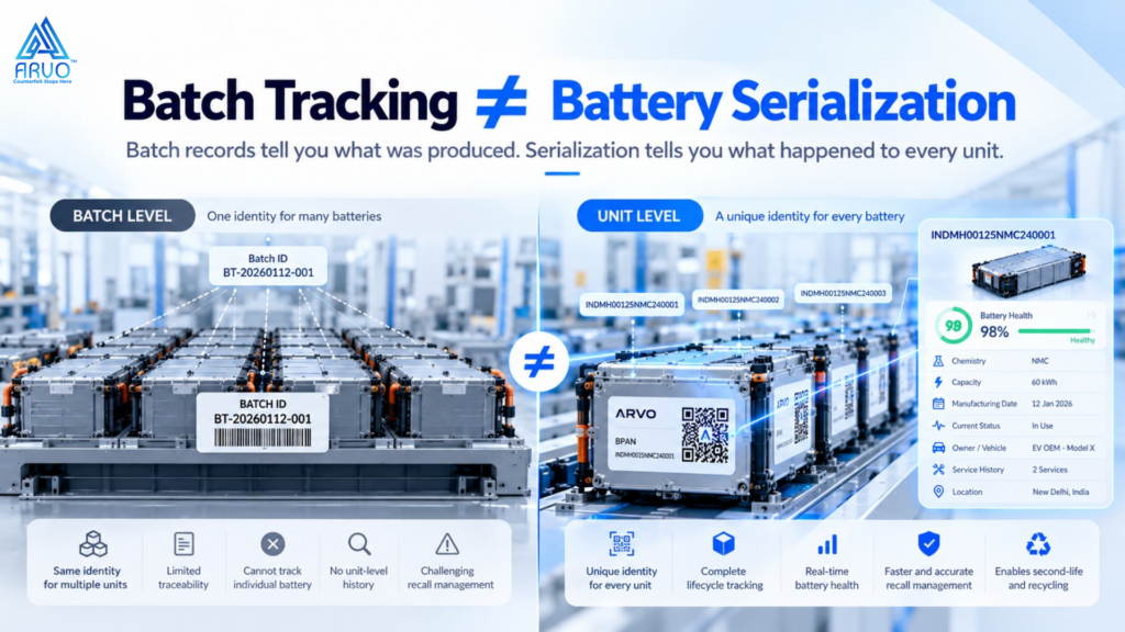 Battery serialization India showing unique 21 character BPAN digital identity on every battery pack