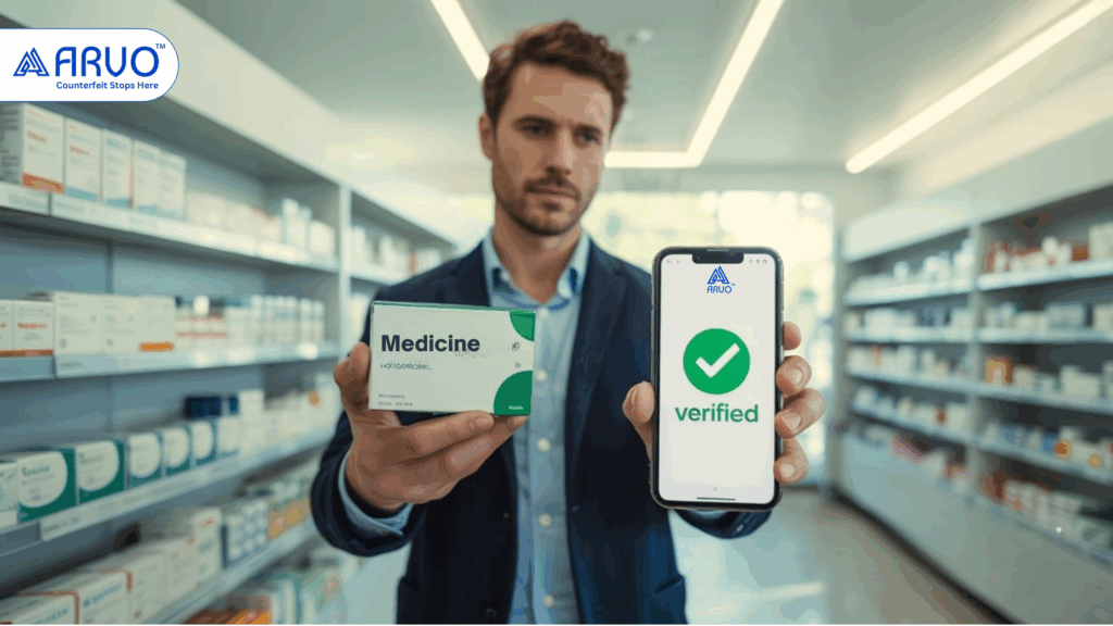 Glowing capsule with serial number and digital tag representing genuine drug authentication