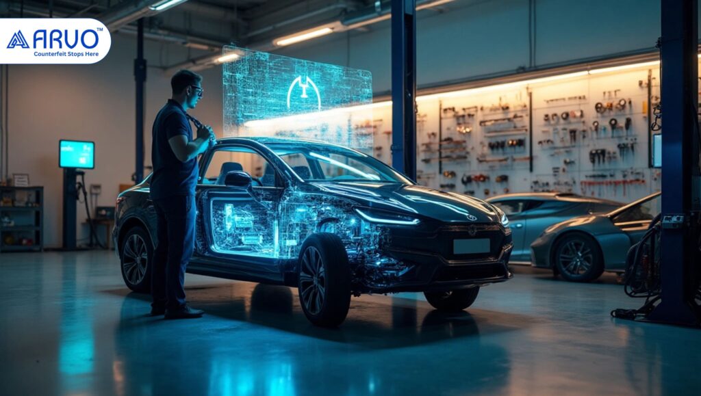 RVO’s advanced digital authentication system being used in a futuristic auto workshop to combat counterfeit car parts in India's growing automotive aftermarket. - ARVO RVO’s advanced digital authentication system being used in a futuristic auto workshop to combat counterfeit car parts in India's growing automotive aftermarket.