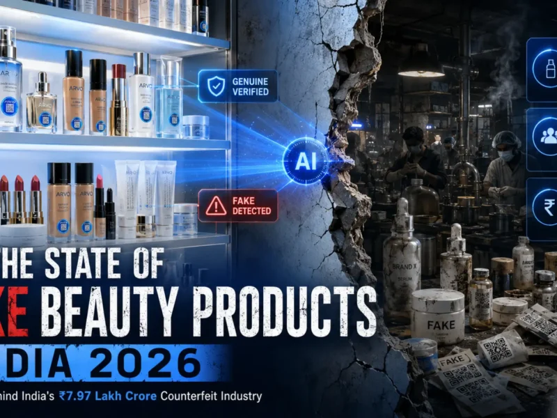 India beauty market size data 31 billion dollars with counterfeiting scale overlay