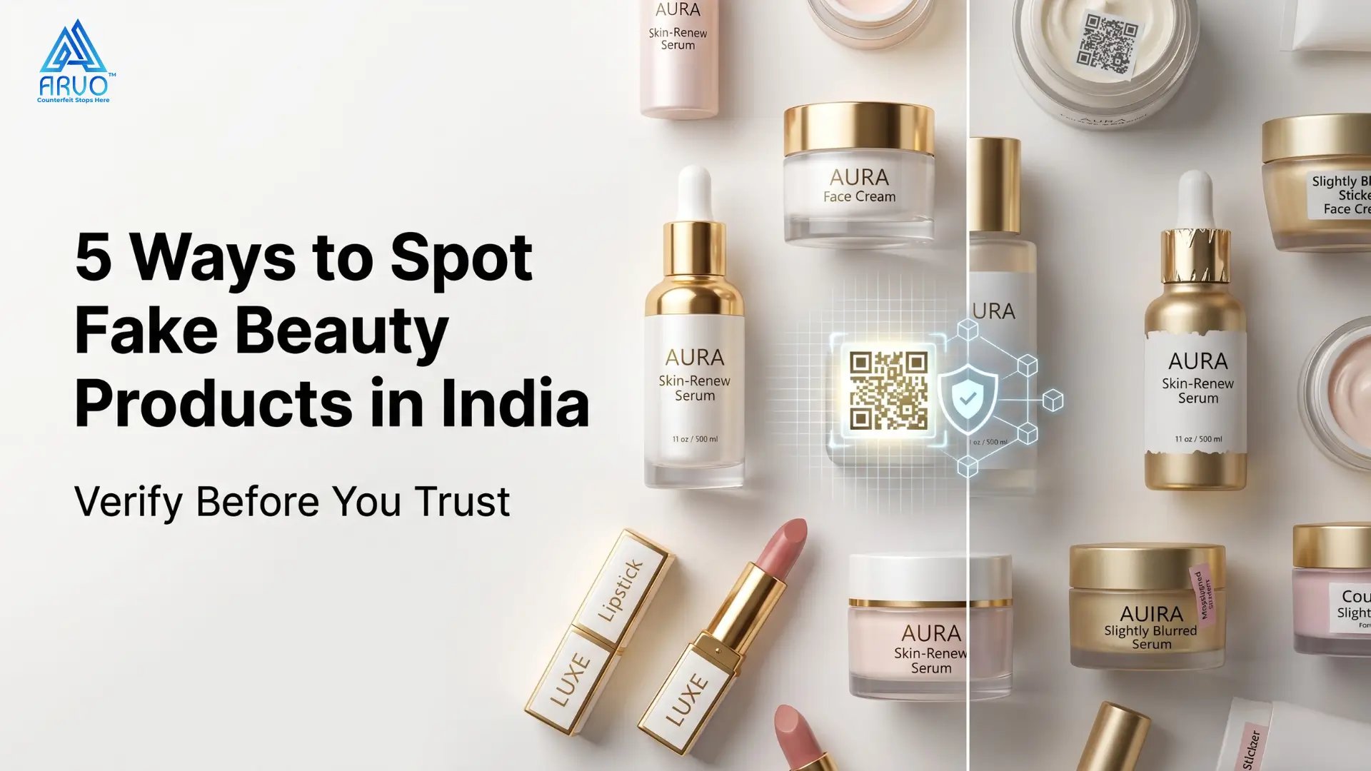 Indian consumer inspecting beauty product packaging for signs of counterfeiting